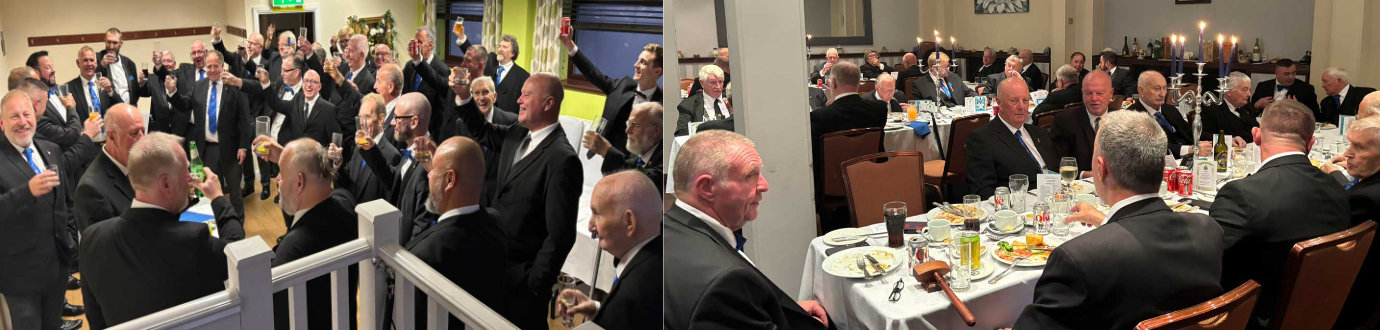 Pictured left are: the brethren toasting the new WM, Wayne McGuffie. Pictured right are: the brethren enjoying the festive board.