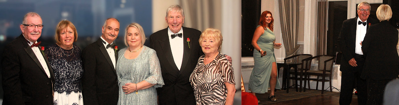 Pictured left from left to right, are: Steve Willingham, Pam Willingham, Shaun Haynes, Marie Haynes, Michael Dickinson, Sheila Dickinson. Pictured right from left to right, are: entertainer Lauren Elizabeth (left) with Derek and Mary Broadbent
