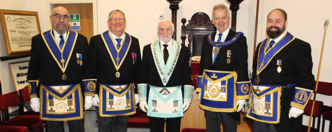 Pictured from left to right, are: Tim Burns, Jerry Lawes, Ron Behan (WM), Stuart Sutherland Boyd and Ezra McGowan. 