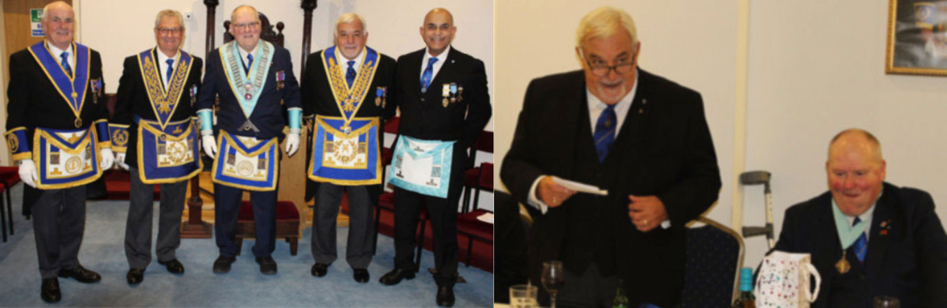 Pictured left from left to right, are: Patrick Walsh, Gareth Jones, Stephen Golding, Barry Dickinson and Mohammed Yusuf. Pictured right: Barry Dickinson (standing) responds to the toast to his health.