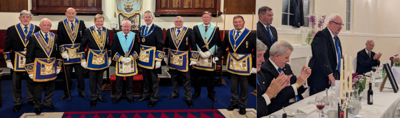 Pictured left: John Starky (centre) with the distinguished guests. Pictured right: John thanking the brethren