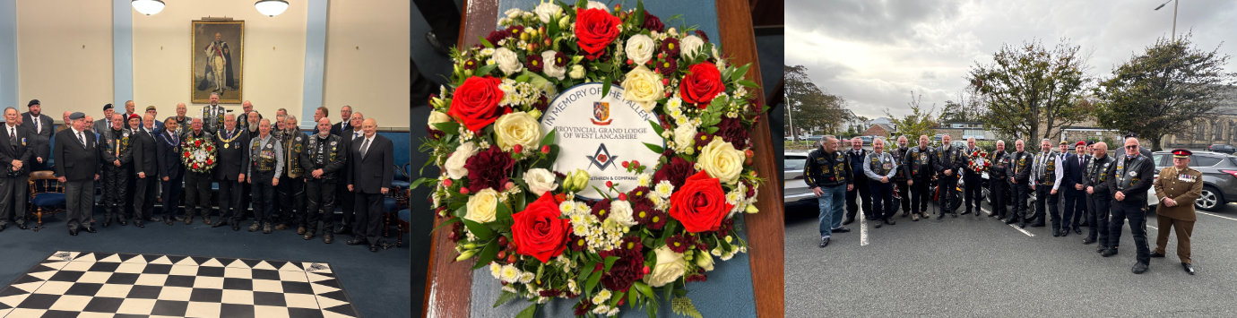 Head of West Lancashire Freemasons Mark Francis Matthews (left) presenting the wreath to the President of the Widows Sons Masonic Bikers Association of West Lancashire Bill Bruce.