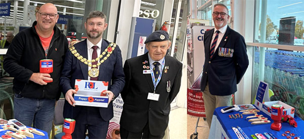 Pictured left from left to right, are: Dave Bishop, Paul Wharton-Hardman and Bob Howard volunteering at poppy appeal. Pictured right: Nick Medway helping out at stand.
