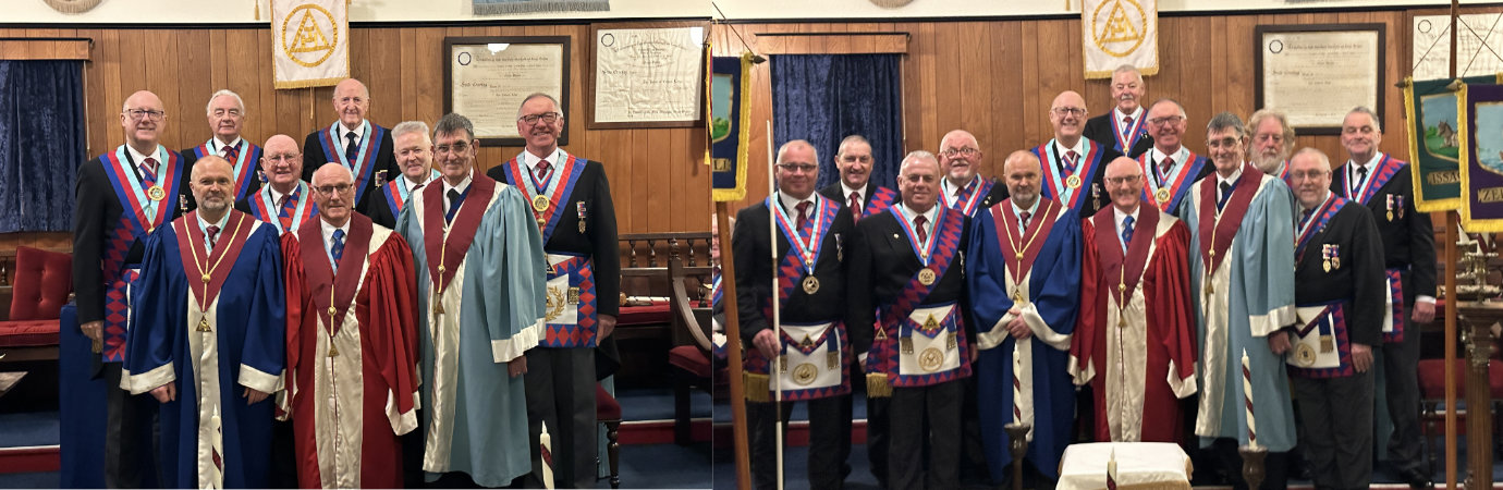 Pictured left, are: The three principals and grand officers. Pictured right, are: the three principals and acting Provincial grand officers.