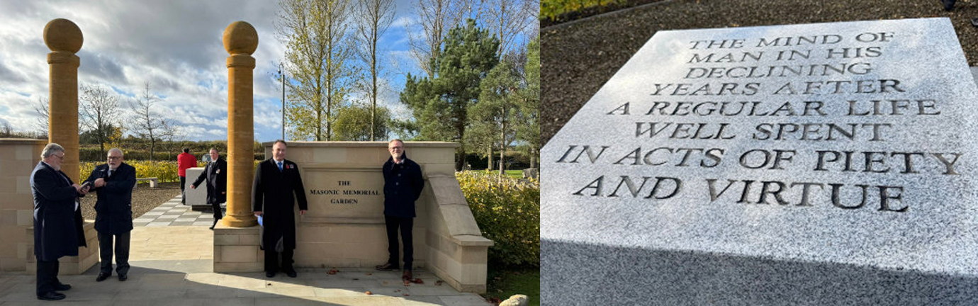 Pictured left: Paul Helm and Wayne Moyes standing to the right of the two great pillars. Pictured right: The inscribed perfect ashlar inside the Masonic Memorial Garden Pictured left: Paul Helm and Wayne Moyes standing to the right of the two great pillars. Pictured right: The inscribed perfect ashlar inside the Masonic Memorial Garden