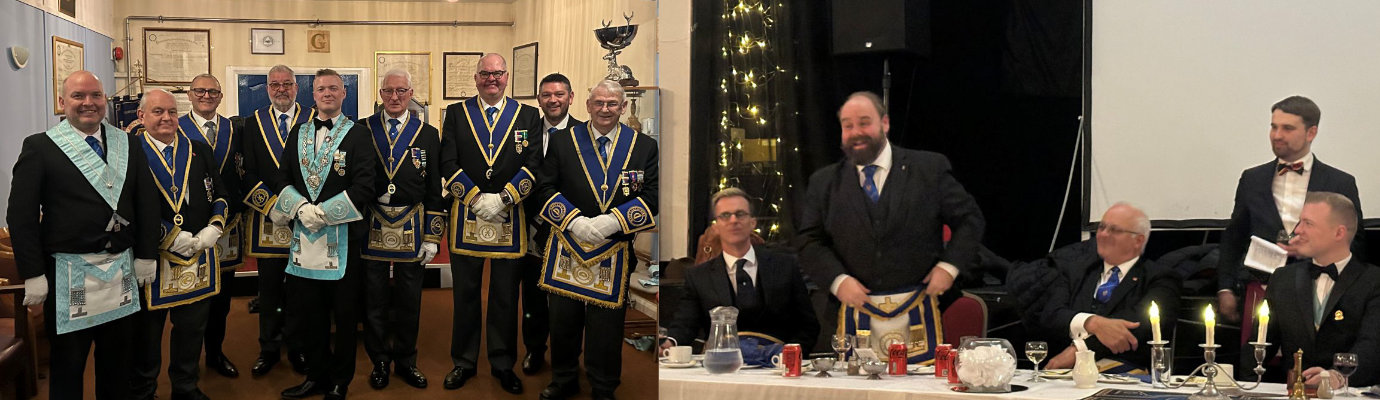 Pictured left are: Cameron Molyneux (centre) with the Lodge of Equity and Appleton members. Pictured right: Provincial Junior Grand Warden, Ezra McGowan (standing left), congratulates the lodge at dinner. Pictured left are: Cameron Molyneux (centre) with the Lodge of Equity and Appleton members. Pictured right: Provincial Junior Grand Warden, Ezra McGowan (standing left), congratulates the lodge at dinner.