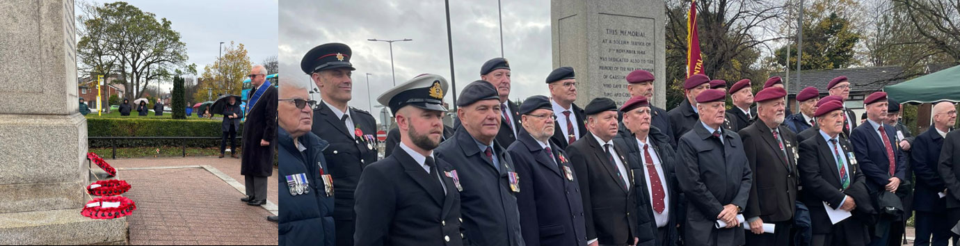 Pictured left: Gary Mason laying a wreath at the Memorial. Pictured right: Representatives from the Armed Services