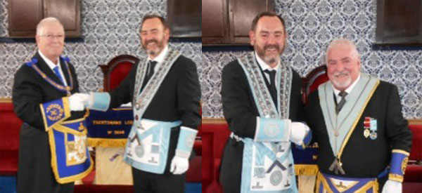 Pictured left: John Murphy (left) congratulates Andrew Aitchison. Pictured right: Andrew Aitchison (left) and Len Jones.