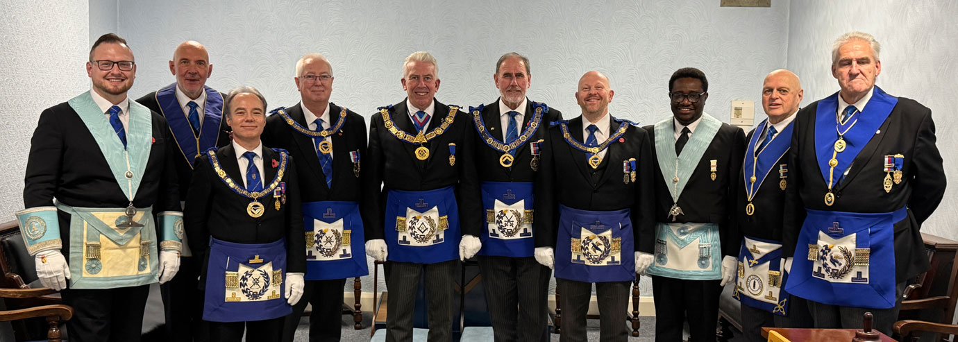 The light blues who delivered the working tools and the Card of Declaration. Jonny Edwards (left) and John Williams (third right).