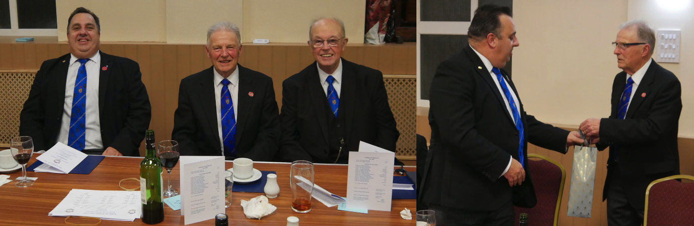 Pictured left from left to right, are Michael Tax, Geoff Fogden and Glenn O’Brien. Pictured right, are: Geoff Fogden (right) presenting a gift to Michael Tax Pictured left from left to right, are Michael Tax, Geoff Fogden and Glenn O’Brien. Pictured right, are: Geoff Fogden (right) presenting a gift to Michael Tax