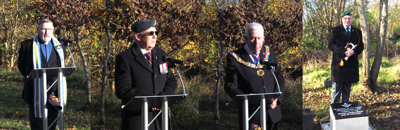 Pictured left: Rev Chris Lamb. Pictured centre left: Roger O’ Loughlin. Pictured centre right: Mark Matthews. Pictured right: Bob Wareham sounds the bugle calls.