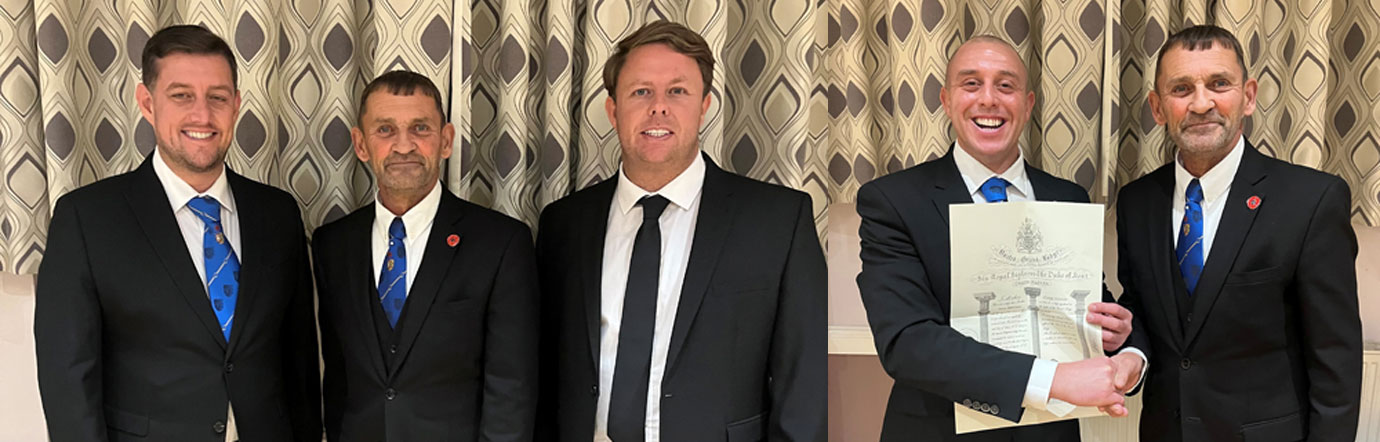 Pictured left, are: David Thomas (centre) with Jonathon Kinnear (left) and Andrew Corin (right) after being passed to the degree of a fellow craft. Pictured right: Kieran Owen (left) being congratulated after David Thomas presented him with his Grand Lodge Certificate.