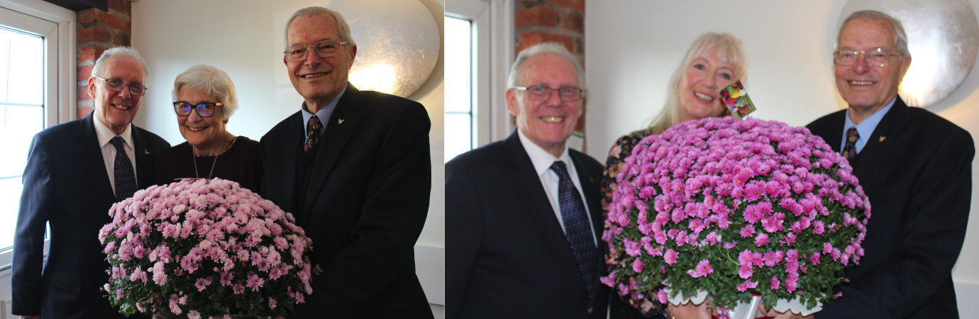 Pictured left: Ian Cuerden (left) and Chris Band (right) presenting an outdoor plant to Anne Clark. Pictured right: Ian Cuerden (left) and Chris Band (right) presenting an outdoor plant to Gina Topping.
