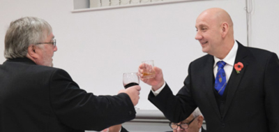 Peter Whalley (left) singing the Master’s Song, toasting the health to Andrew. Peter Whalley (left) singing the Master’s Song, toasting the health to Andrew.