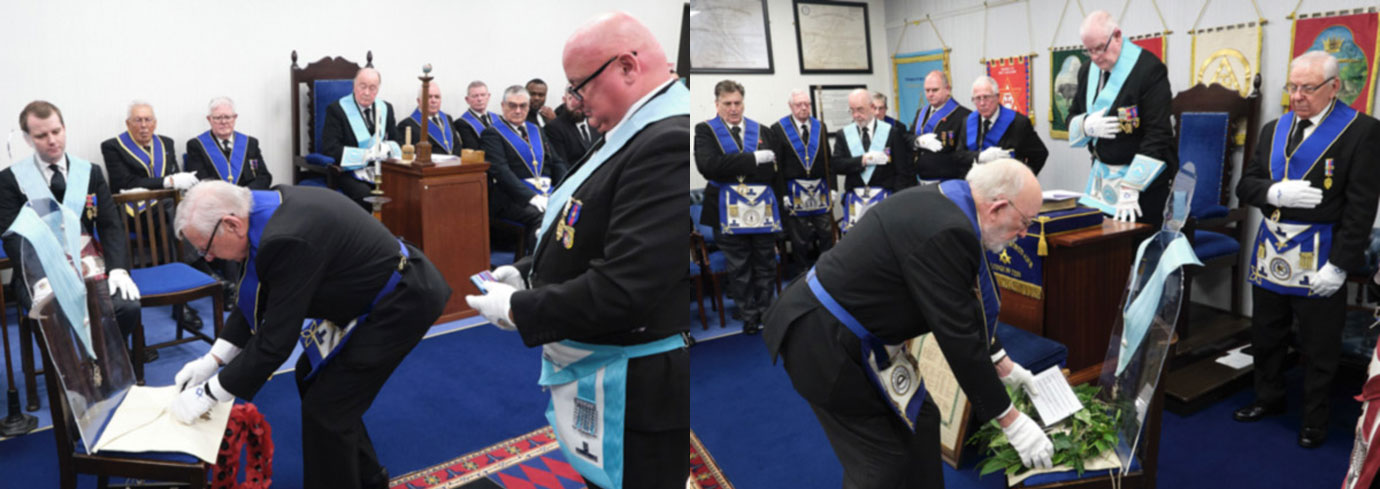 Pictured left: Alan Johnson laying his grandads medals. Pictured right: John Seddon laying the evergreen and Peter Newell (right).