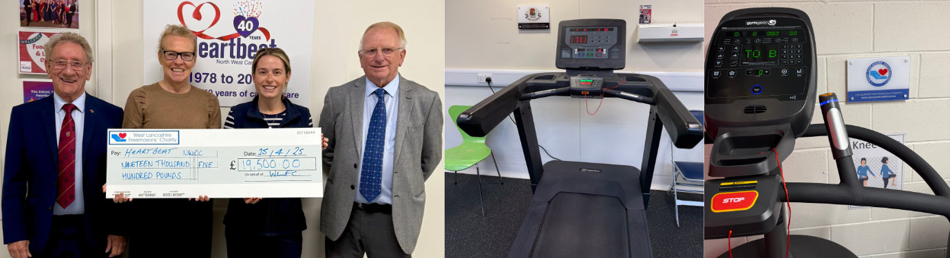 Pictured left from left to right, are: Malcolm Sandywell, Louise Bache CEO, Dr Sally Seed Fundraising Lead and Andrew Cogle from the Chorley and Leyland Group. Pictured centre and right are treadmills donated by WLFC. Pictured left from left to right, are: Malcolm Sandywell, Louise Bache CEO, Dr Sally Seed Fundraising Lead and Andrew Cogle from the Chorley and Leyland Group. Pictured centre and right are treadmills donated by WLFC.