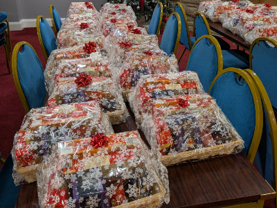 Christmas hampers wrapped and ready to distribute.