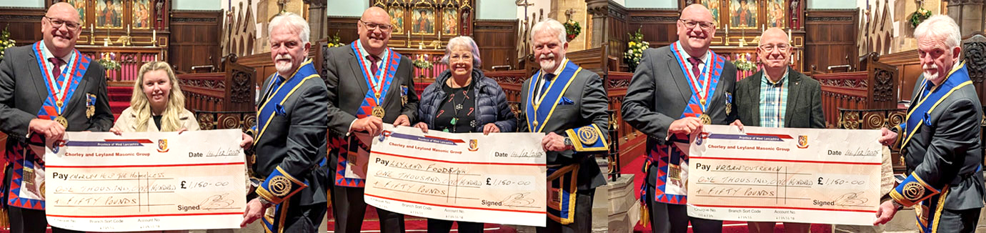 Pictured left: Celia receiving donation from Dave Bishop (left) and David Hargreaves. Pictured centre: Emma Walker receiving donation from Dave Bishop (left) and David Hargreaves. Pictured right: Dave Baley (centre) receiving donation from Dave Bishop (left) and David Hargreaves.
