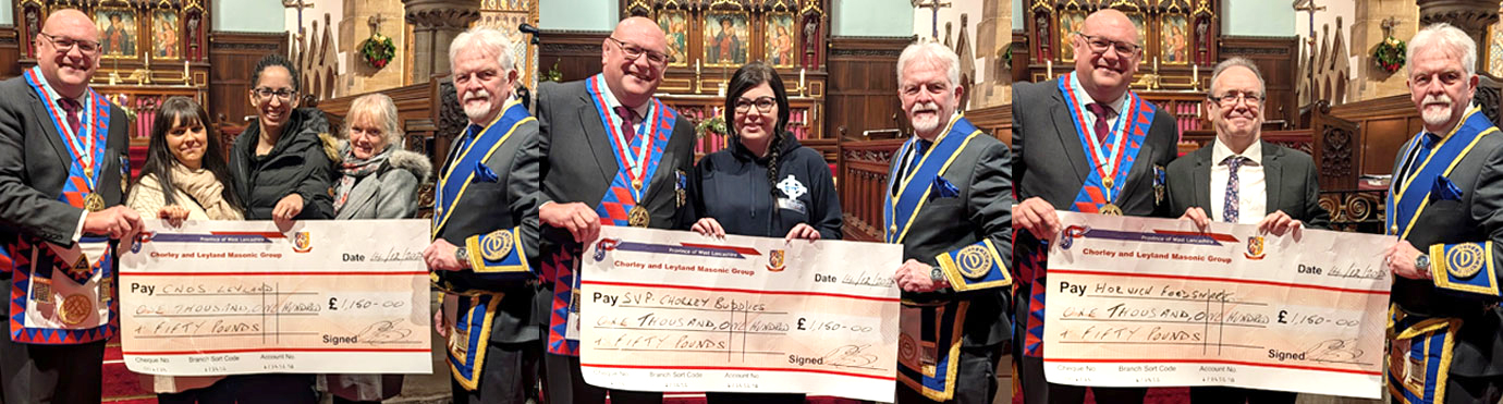 Pictured left: Sophie Wilding with two volunteers receiving donation from Dave Bishop (let) and David Hargreaves. Pictured centre: Hannah Sherlock receiving donation from Dave Bishop (left) and David Hargreaves. Pictured right: Peter Wright (centre) receiving donation from Dave Bishop (left) and David Hargreaves.
