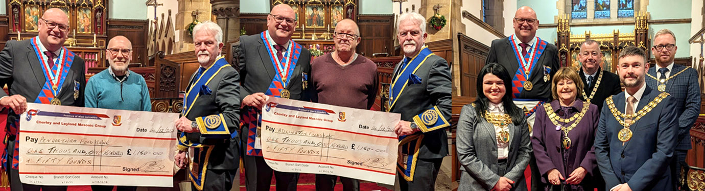 Pictured left: John Atkins (centre) receiving donation from Dave Bishop (left) and David Hargreaves. Pictured centre: Don Hesketh (centre) receiving donation from Dave Bishop (left) and David Hargreaves. Pictured right from left to right rear row, are: Dave Bishop, Shaun Bradbury and Chris Wharton. Front row from left to right, are: Victoria Rigby, Gillian Wroe and Paul Wharton-Hardman