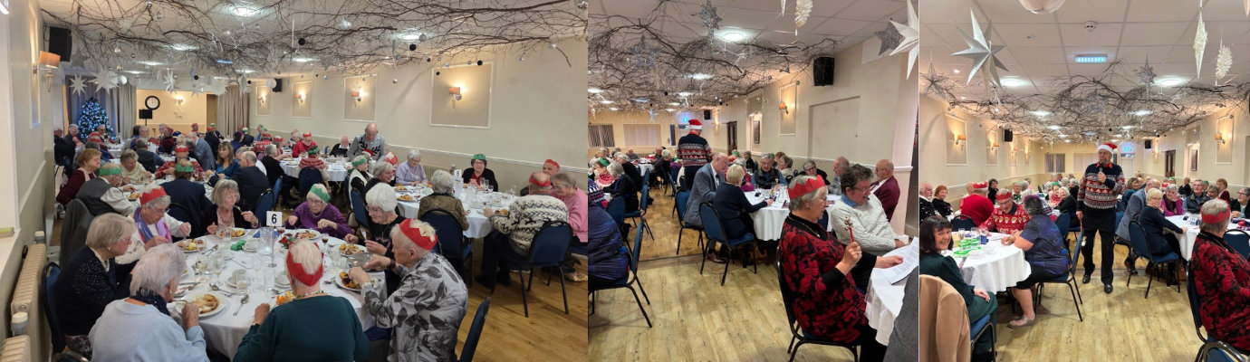 Pictured left: guests enjoying the Christmas lunch. Pictured centre: Bells about to be jingled. Pictured right: Terry Ridal (standing) leads the games carol singing.