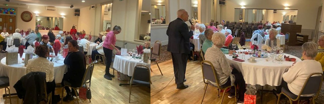 Pictured left: Garston ladies enjoying the lunch. Pictured right: Bill Wenton entertaining the ladies at Garston.