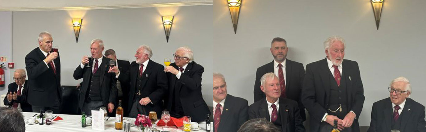 Pictured left: Andrew Whittle (standing left0 congratulates the three principals. Pictured right: Bernard (second right) thanks the chapter for pulling together when duty calls