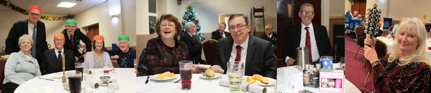 Pictured left from left to right, are: Christine Spragg, Mark Spragg, Eric Peat, Peter Rumley, Barbara Peat and Anne Rumley. Pictured centre left: Elaine Brown (left) and Mike Brown. Pictured centre right: Roger Lloyd-Jones with some raffle prizes. Pictured right: Gina Topping leads the singing with her set of silver bells.