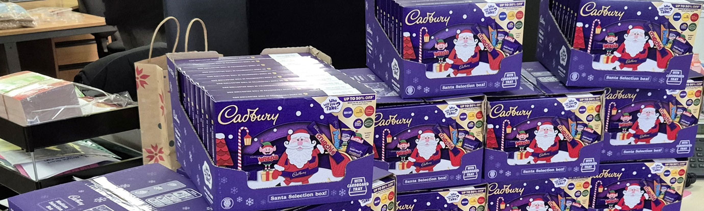 Cadbury’s Selection Boxes all ready to be delivered to Santa. Cadbury’s Selection Boxes all ready to be delivered to Santa.