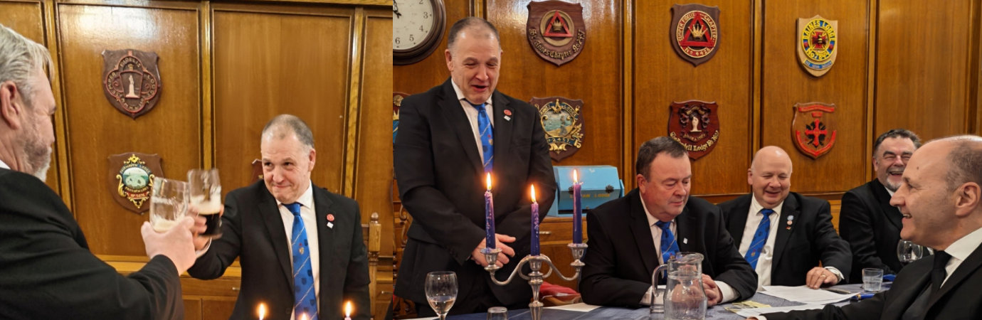 Pictured left, are:John Bradley (right) raises a toast too newly raised Ian Dewhurst (left). Pictured right: John Bradley (standing) has the brethren in stitches.