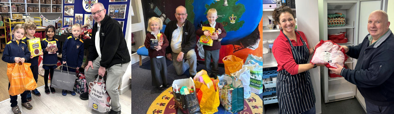 Pictured left: Jon Hardman (right) collecting food donations from students at St Peter’s School. Pictured centre: Jon Hardman with his second food collection of the day. Pictured right: Robert Bentwood (right) hands over the turkey crowns on behalf of Lee Munro catering at Wes’ Cafe.