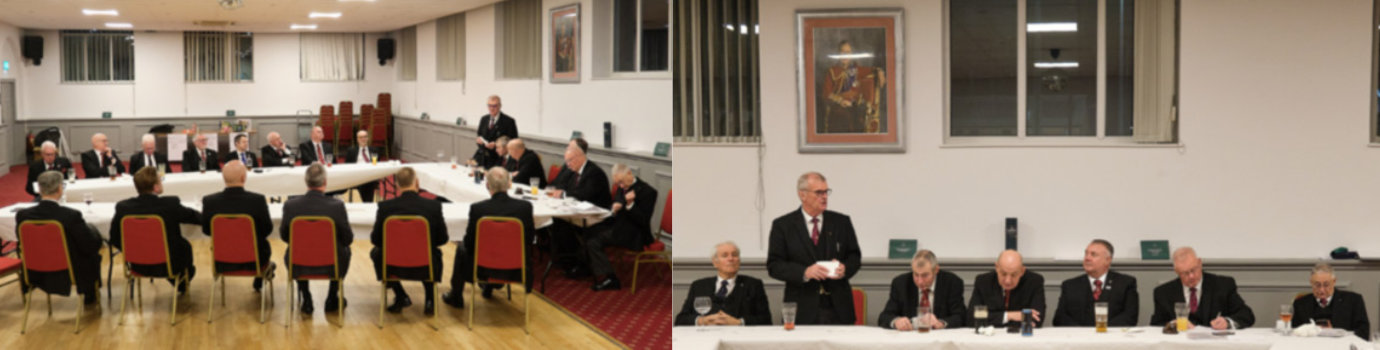 Pictured left: John Selley (standing) responding to the toast to his health. Pictured right from left to right, are: Geoff Bent, John Selley (standing), David Pickles, Andrew Hardman, Paul Hook, Steve Gerard, and Ian Fairhurst. Pictured left: John Selley (standing) responding to the toast to his health. Pictured right from left to right, are: Geoff Bent, John Selley (standing), David Pickles, Andrew Hardman, Paul Hook, Steve Gerard, and Ian Fairhurst.