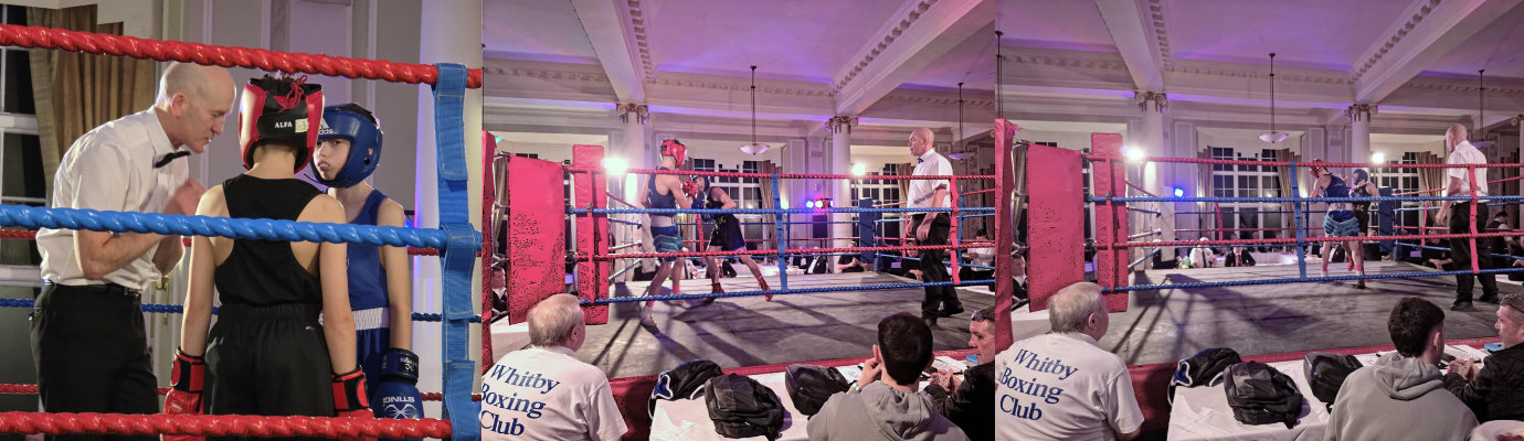 Pictured left: A young boxer sizes up the opposition. Pictured centre: Two young boxers. Pictured right: Whitby vs Lancaster boxers.