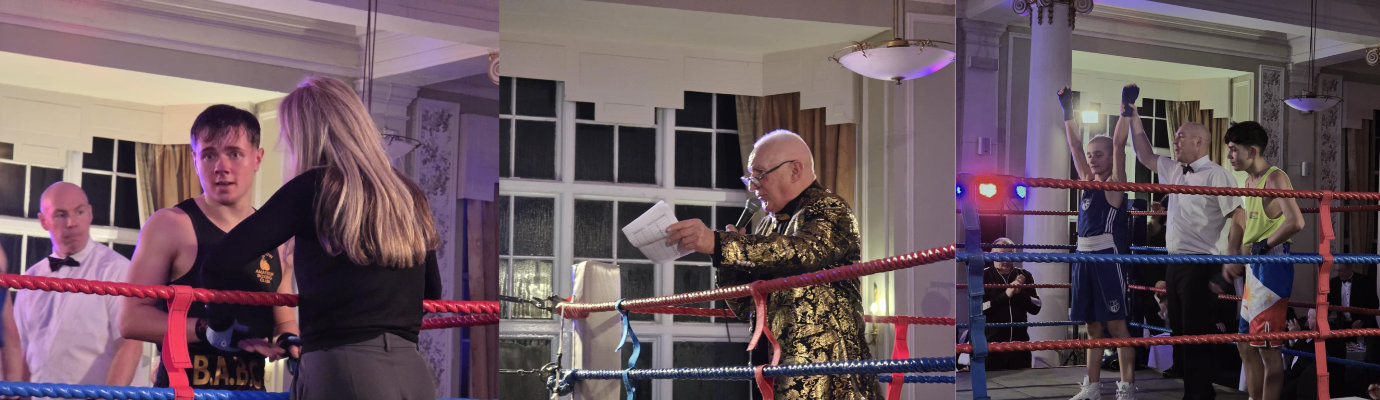 Pictured left: Barrow ABC boxer Lennon Curtis gets checked by the doctor. Pictured centre: Master of ceremonies Richard Wilcock. Pictured right: The referee proclaims victory.