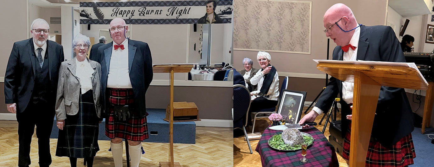 Pictured left from left to right, are: Russell Skidmore, Joan Skidmore and Stephen Oliver. Pictured right: Stephen with the haggis.