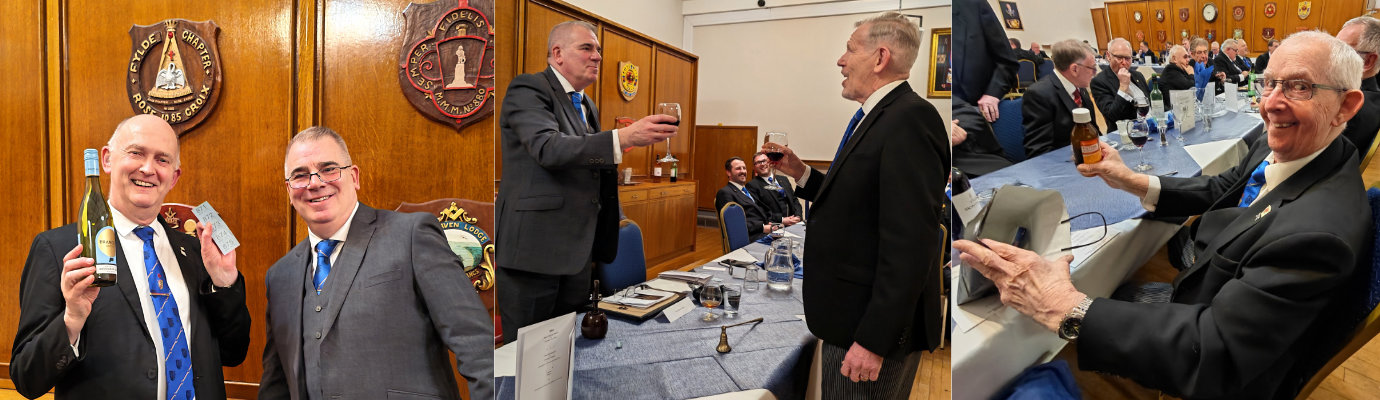 Pictured left: William Buchanan Snr (left) with Darren Collins. Pictured centre: Roger Lloyd- Jones (right) singing the Master’s Song to Darren Collins. Pictured right: William Gitsham with his ‘winter warmer’ prize.