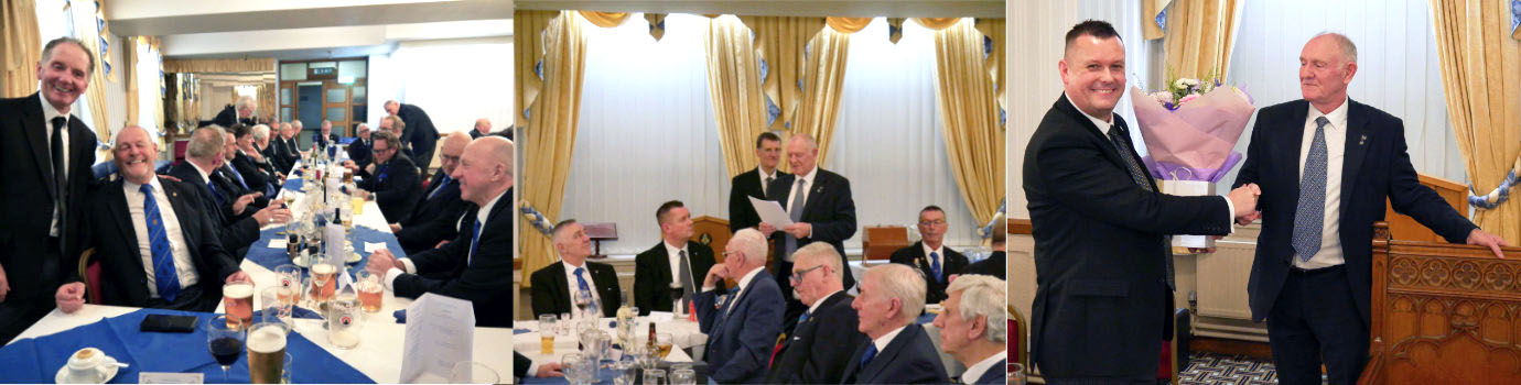 Pictured left: Brethren enjoying the festive board. Pictured centre: Allan Albiston responds to the toast to his health. Pictured right: John receives a bouquet of flowers from Allan and the lodge for Mrs Lee.