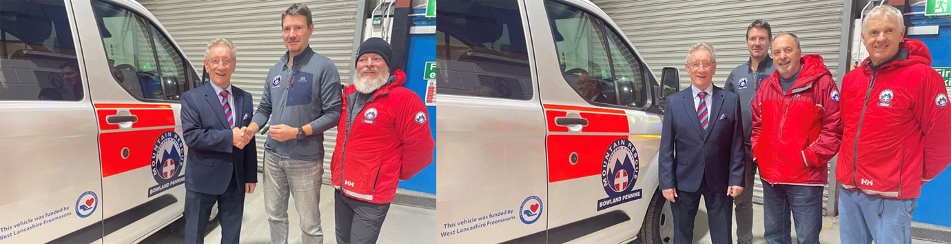 Pictured left from left to right, are: Malcolm Sandywell (WLFC) with Julian Earnshaw Team Chairman and Nick Heaton-Moon Fundraising Officer (BPMRT). Pictured right from left to right, are; Malcolm Sandywell (WLFC) with Julian Earnshaw Team Chairman, Crispin Myerscough Team Secretary and Nick Phillips Vehicle Support Officer (BPMRT).