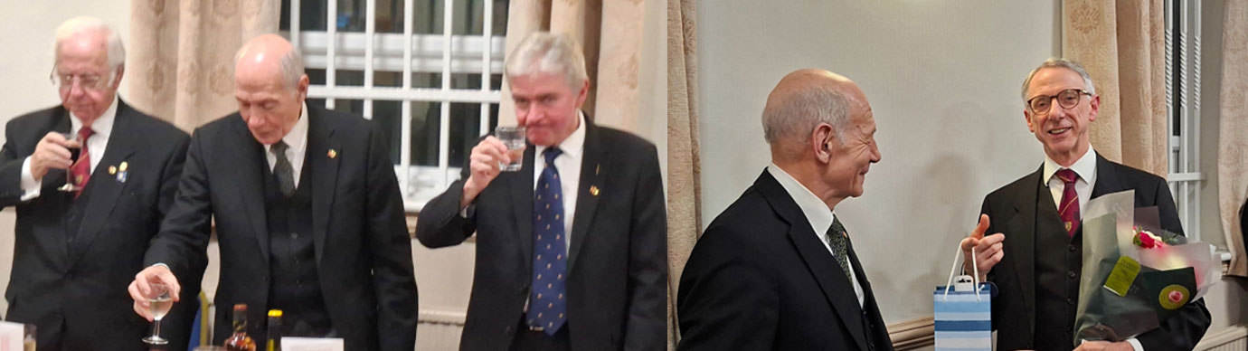 Pictured left; The three principals toast the companions. Pictured right: Graham (right) receives gifts from Albert Hogg. Pictured left; The three principals toast the companions. Pictured right: Graham (right) receives gifts from Albert Hogg.