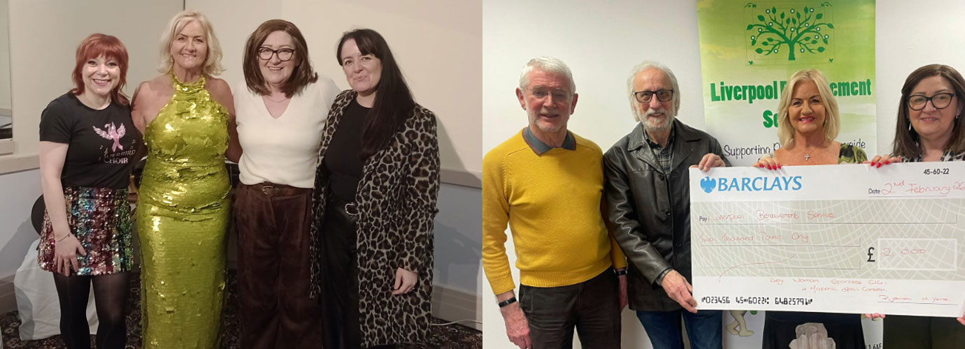 Pictured left from left to right, are: Vicky Jones, Paula Johnson and Joanne and Kate from Bereavement Service. Pictured right from left to right, are: Dave Antrobus from Bereavement Service, Mal Yates presenting the cheque to Paula Johnson and Joanne.