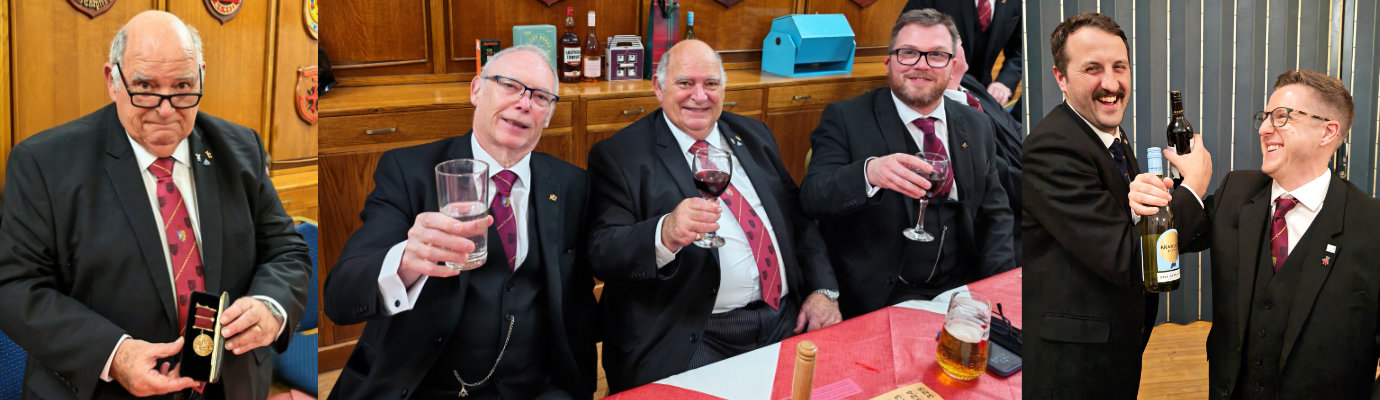 Pictured left: Kevin Burns with the past first principal’s jewel. Pictured centre from left to right, are: Bill Brisk, Kevin Burns and William Buchanan. Pictured right: David Jenkinson (left) and Jordan Brown enjoy their raffle prizes.