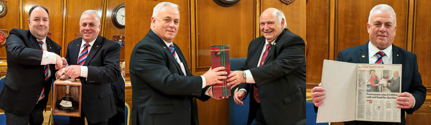 Pictured left: Ben Gorry receives his prize donated by John Topping (right). Pictured centre: John Topping (left) receives a gift from Kevin Burns. Pictured right: John Topping with a printed article in the local Gazette.