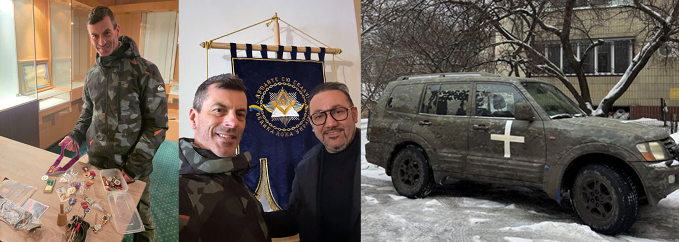 Pictured left; Rick Gillet with some of the donated regalia and jewels. Pictured centre: Rick with the Faith Sahin, Deputy Grand Master, Ukraine. Pictured right: Combat truck which reminds that the war is still on going.