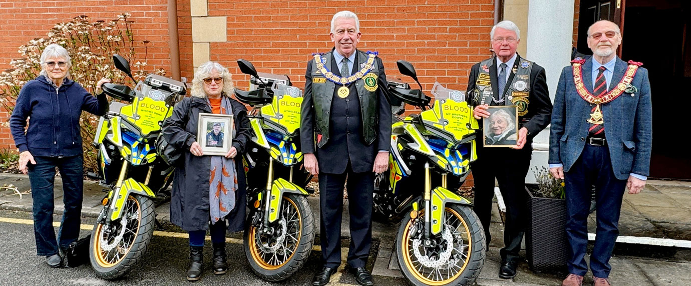 Pictured left to right with the New Blood Bikes, Freda Houghton, Jo Kap, Mark Matthews, Bill Bruce and Norman Alexander. Pictured left to right with the New Blood Bikes, Freda Houghton, Jo Kap, Mark Matthews, Bill Bruce and Norman Alexander.