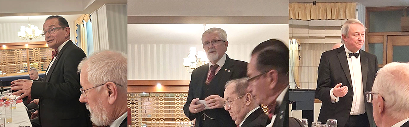 Pictured left: Brian Rimmer proposing a toast. Pictured centre: David Barr replying to his toast. Pictured right: Sir Peter Roscow, chapter principal sojourner, remarking on a brilliant ceremony.