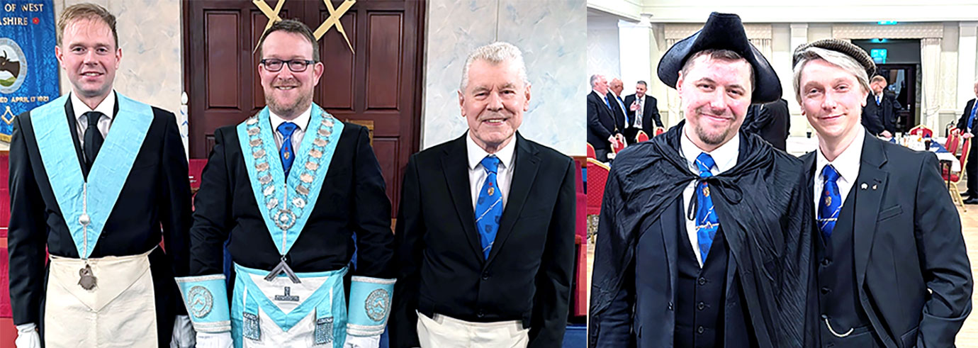Pictured left from left to right, are: Matthew Taylor, David Peacock and John Goodenough. Pictured right: Jonathan Battersby (left) and Martin Aldred suitably dressed up for the evening.