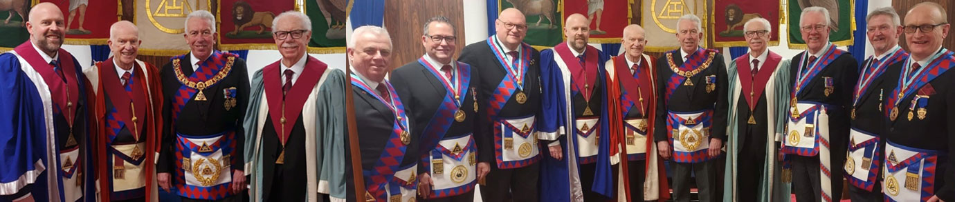 Pictured left from left to right, are: Chris Upton, George Askins, Mark Matthews and Patrick Martindale. Pictured right from left to right, centred are: Chris Upton, George Askins, Mark Matthews and Patrick Martindale with the acting Provincial grand officers and Provincial grand officers.
