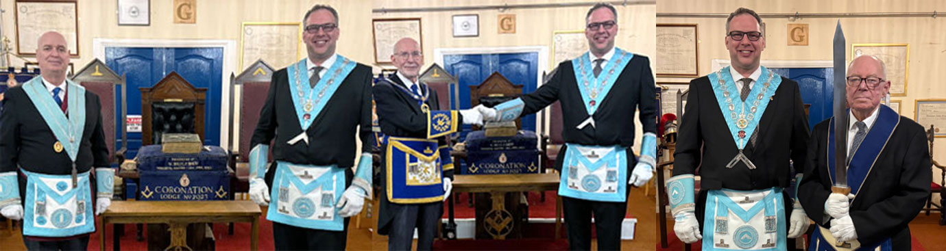 Pictured left; Brian Gillbanks (left) and David Hichmough. Pictured centre: John James (left) congratulating David Hichmough. Pictured right: David Hichmough (centre) with the tyler John Daly proudly displaying the new sword, expertly made by David Escreet.