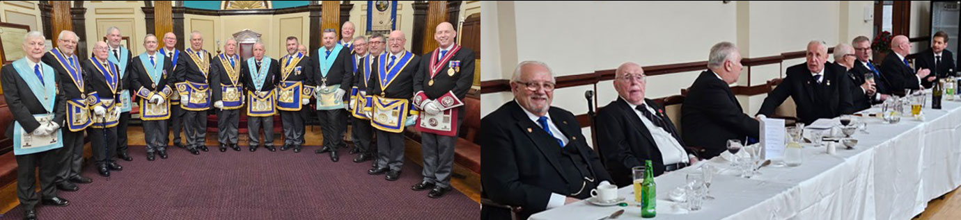 Pictured left; Brethren of Antient Britton Lodge with some of their guests. Pictured right: Brethren enjoying the festive board and company.