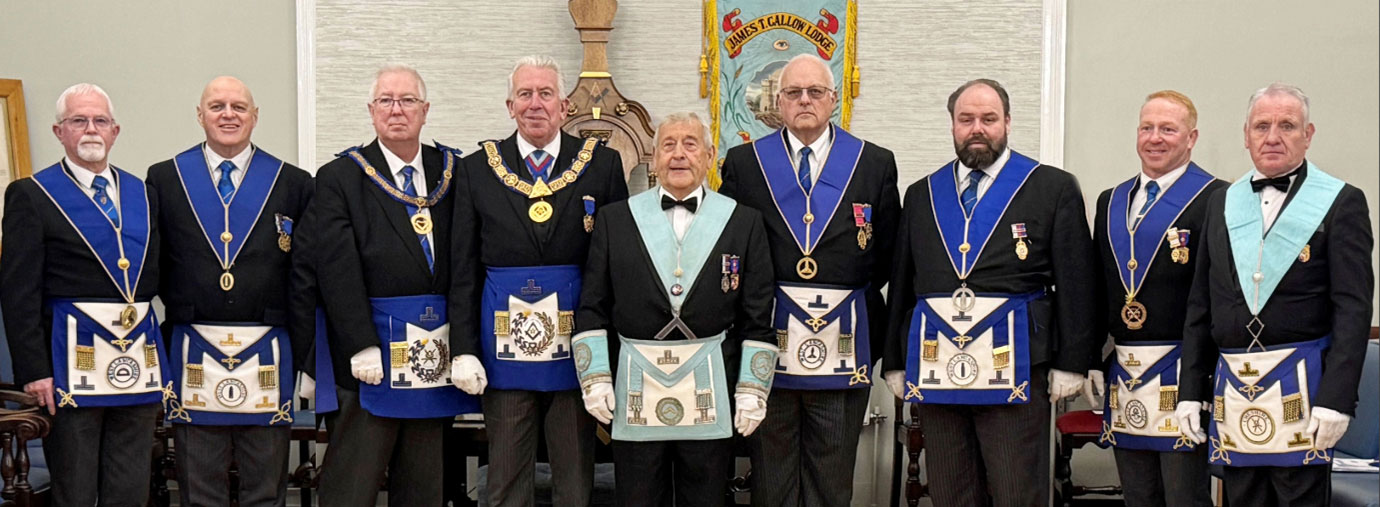 Pictured central: Jeff Lucas with acting Provincial grand officers from left to right, are: Paul Brunskill, Dave Atkinson, John Murphy, Mark Matthews, John Reynolds, Ezra McGowen, Darren Forshaw and Joe Richardson.